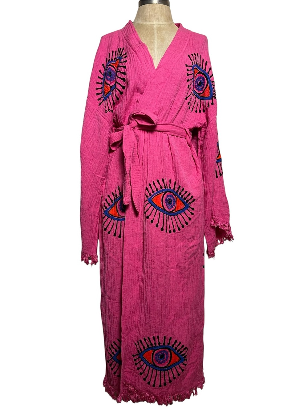 Bodho Handmade Turkish Cotton Evil Eye Kimono Robe Pink Boho One Size